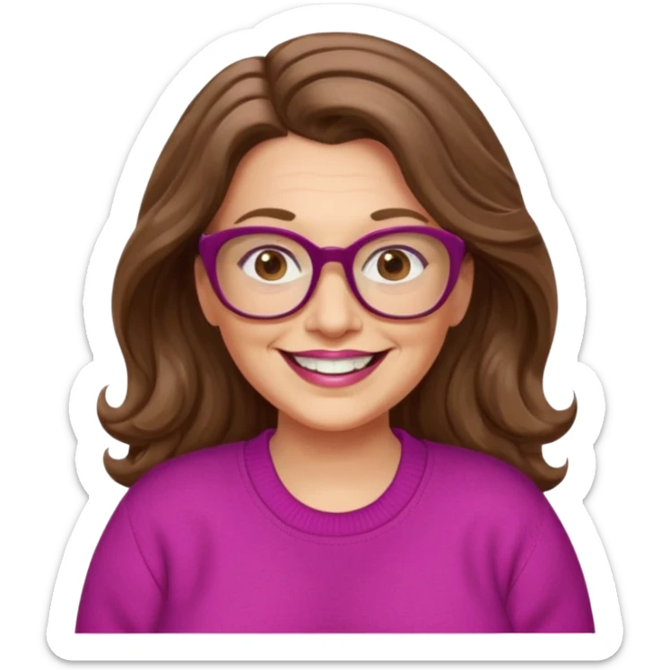 50 yr Caucasian woman, long brown hair parted on side, brown eyes, brown glasses, big smile, white teeth, fuscia sweater, chubby, wavy hair sticker