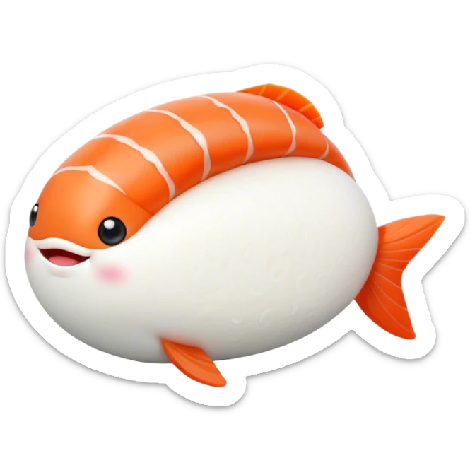 Cute Kawaii Nigiri Sushi, plump and happy, a soft white rice pillow topped with bright orange salmon, tiny blushing cheeks, big round eyes, a joyful floating expression! sticker