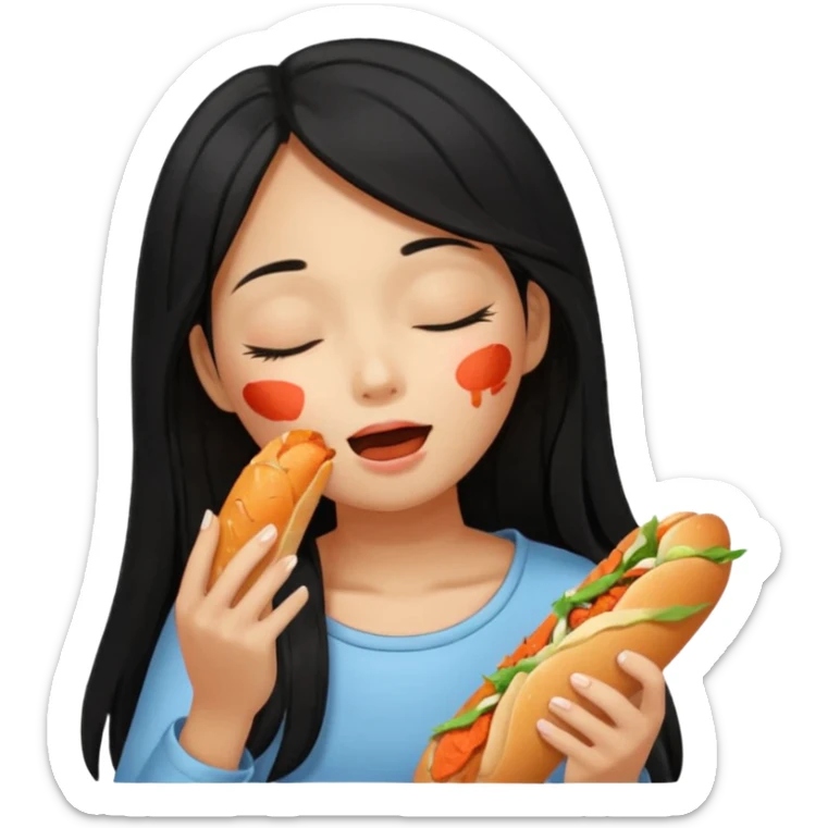 Girl black long hair eat kimchi close eyes baguette sticker
