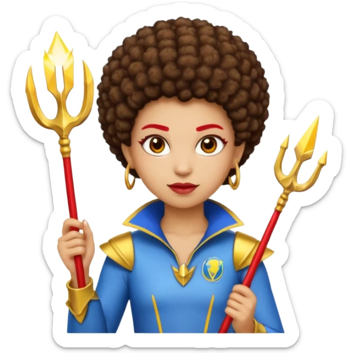 Emoji metisse femboy mais plus masculin avec drapeau ukrainien arriere plan, un afro, sourcils rouge, fourche trident, et eclairs et sur fond bleu clair irrisé. Peau lightskin, yeux marron et cheveux marron bouclés mais en mode afro pixi cut sticker