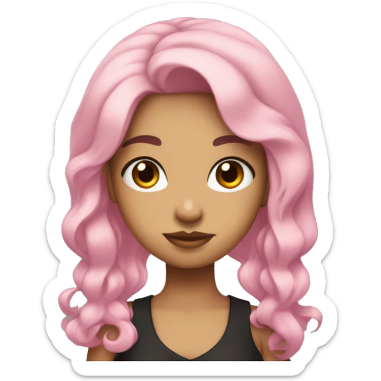 Girl with black hair , mad , her hair is not curly neither straight its ondulated hair , it's short and she has brown eyes and she has a bow that its pink on her hair sticker
