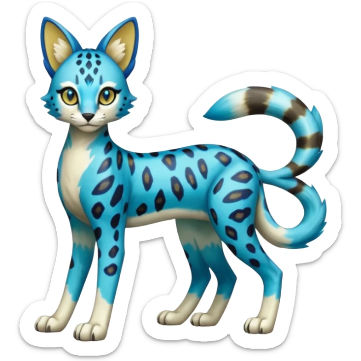 Colorful Meloetta-Sergal-Serval-Genet-Pokémon-Digimon-Fakémon-fusion-hybrid-creature with Cyan stripes and blue leopard-spot-markings  sticker