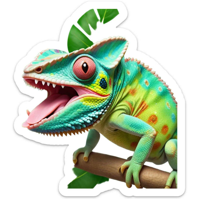 cinematic giant-tongue out chameleon-realistic emoji, mouth wide open with tongue out, -blending-with-vibrant-greenery.-detailed-scales-in-shifting-colors,-showing-the-chameleon’s-ability-to-camouflage.-soft-natural-light-highlights-its-texture.-light-background, zoomed into its face sticker