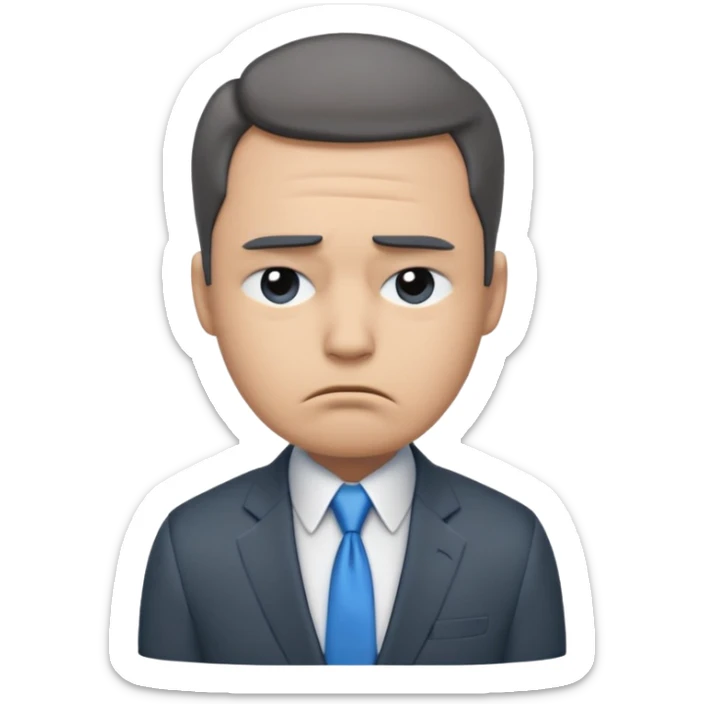 emoji character wearing a dark grey suit, white shirt, and blue tie. face has a very sad, disappointed expression with drooping eyebrows and half-closed eyes His posture is dejected, with slumped shoulders. he just rejected from his interview to get a job sticker