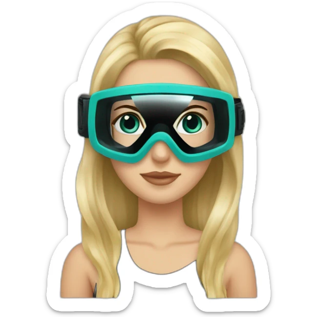 woman large blonde straight hair, black diving mask with a single crystal, tourquese eyes, scubadiving gear sticker