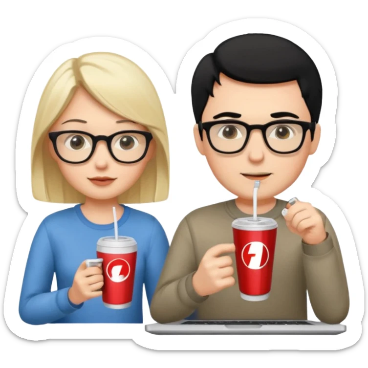 Hombre blanco con gafas, pelo negro tomando un refresco frente a un ordenador con ropa de sport, mujer rubia en la pantalla del ordenador tomando café sticker