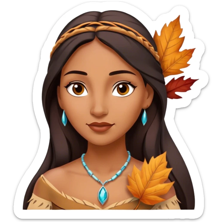 Cinematic Playful Pocahontas Portrait Emoji, Tilting her head with a knowing smirk, holding a delicate autumn leaf, eyes glimmering with adventure, an enchanting blend of confidence and charm, absolutely captivating! sticker