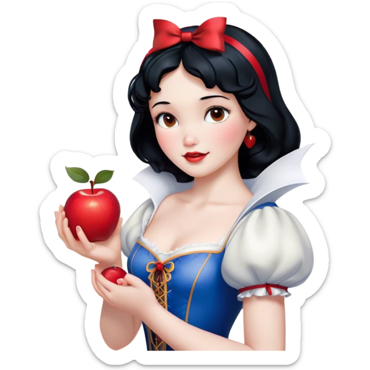 Cinematic Realistic Snow White Portrait, depicted with lifelike skin texture, soft natural lighting, and intricately detailed black hair styled with a red ribbon. Her soft brown eyes radiate innocence and kindness, complemented by a warm, gentle smile. She holds an apple in one hand, her other hand resting against her cheek, embodying her purity and charm. She is dressed in her classic yellow, blue, and red gown, the fabric rich in texture with delicate folds that catch the light beautifully. The portrait features a soft, natural glow with a radiant finish, capturing the essence of timeless beauty in a realistic and painterly style. sticker