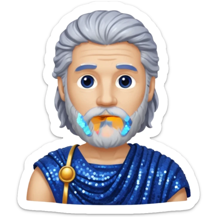 Saturn from Roman Deities with long gray hair and beard, indigo sequin toga sticker
