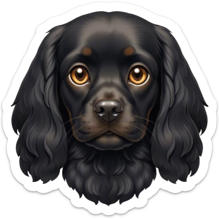 Cinematic Noble Black Cocker Spaniel Portrait Emoji, Poised and regal, with a sturdy build and a sleek, shiny black coat accented by subtle tan markings, deep-set soulful dark eyes, Simplified yet sharp and sophisticated features, highly detailed, glowing with a soft, dignified glow, high shine, intelligent and alert, stylized with an air of refinement, focused and attentive, soft glowing outline, capturing the essence of a watchful and confident companion, so majestic it feels as though it could trot out of the screen with effortless authority! sticker