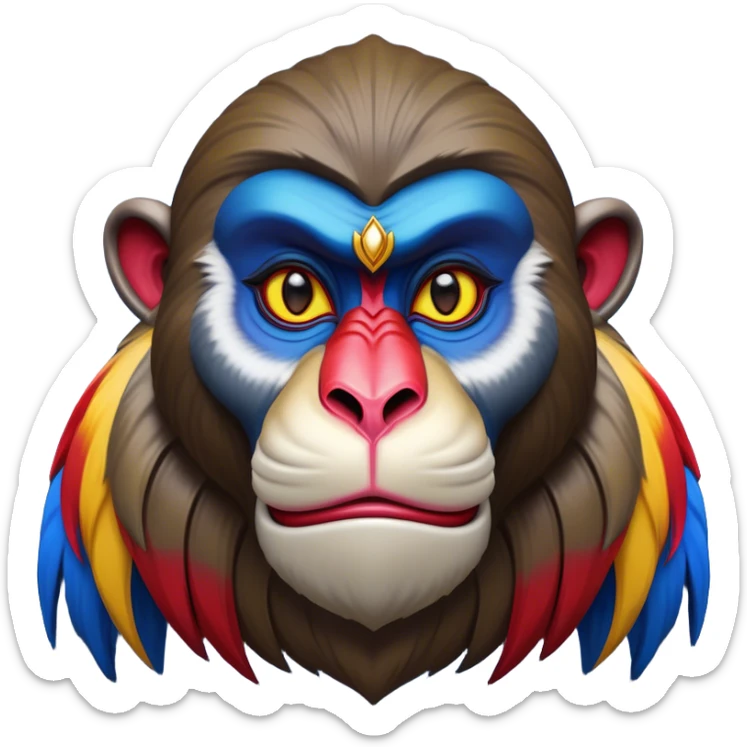 Cinematic Noble Mandrill Portrait Emoji, Poised and regal, with a striking, powerful build and a vivid, multicolored face accented by bold blue, red, and yellow hues, deep-set soulful eyes, Simplified yet sharp and sophisticated features, highly detailed, glowing with a vibrant, dignified glow, high shine, intelligent and commanding, stylized with an air of exotic majesty, focused and attentive, soft glowing outline, capturing the essence of a watchful and confident primate, so majestic it feels as though it could step out of the screen with effortless authority! sticker