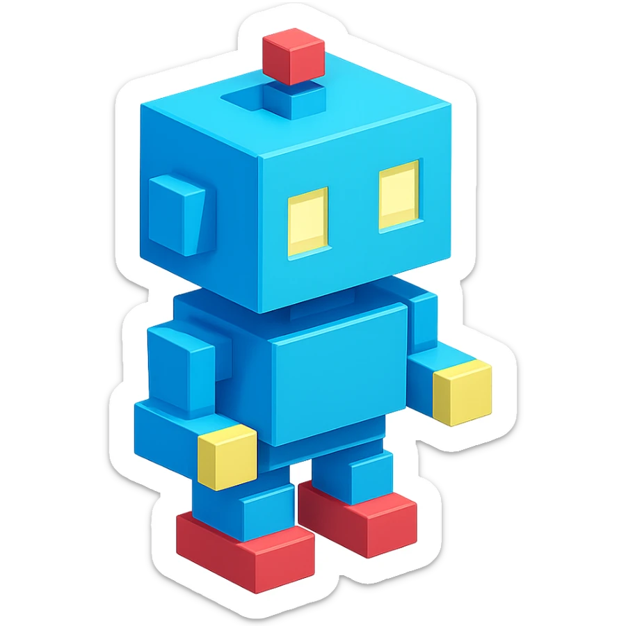 voxel-style blue robot with square head and glowing eyes, isometric view sticker