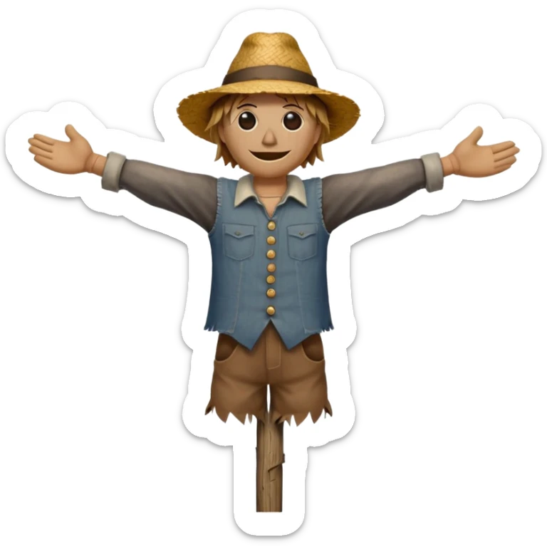 Scarecrow, Straw body, old brown hat, patched shirt, arms stretched on a wooden pole. sticker