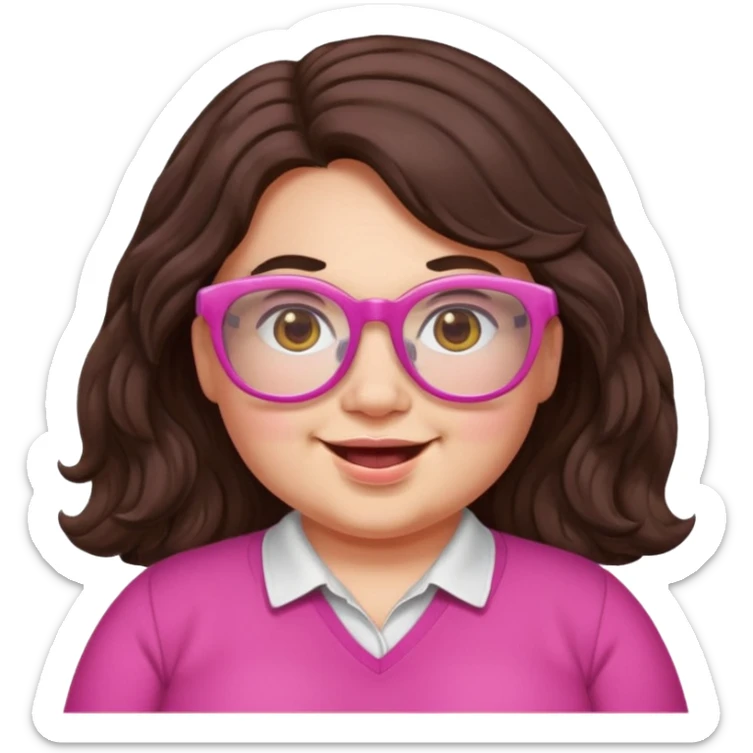 chubby English teacher, happy, wearing pink glasses, wavy long dark brown hair, face only, gamer vibe, classroom background, emoji style, for online classes sticker