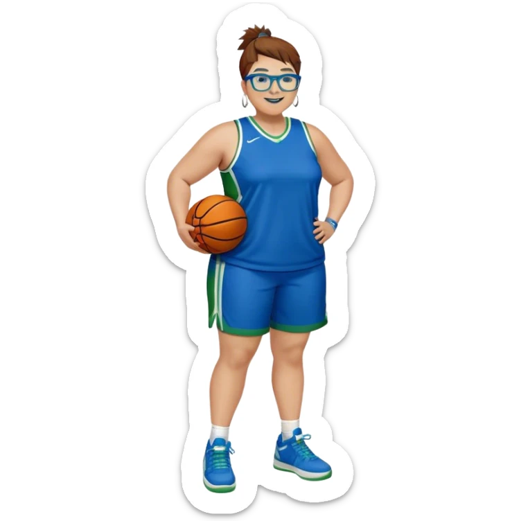 Full Body plus size white female basketball player with short medium brown hair with carmel highlights spikey hair wearing blue glasses 
 wide nose wearing blue green uniform  green sneakers smiling wearing silver hoop earrings sticker