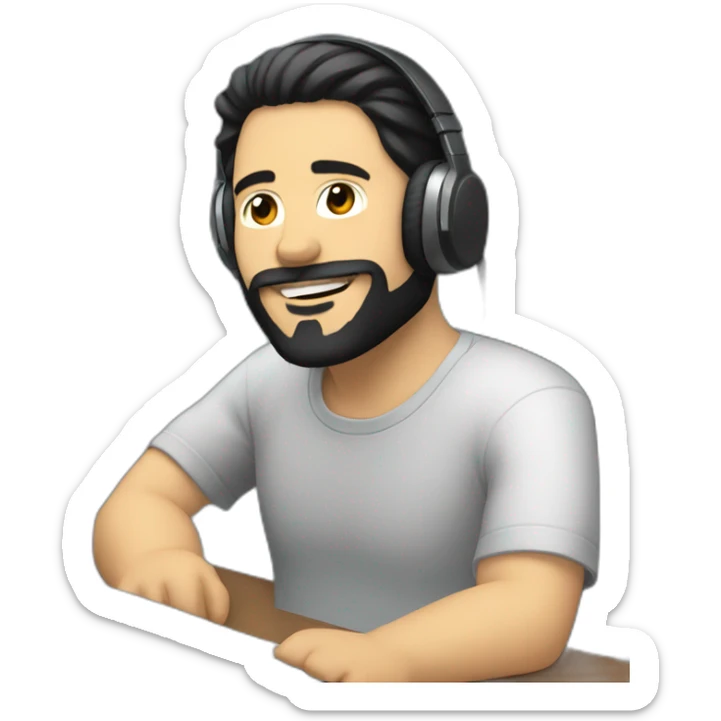 white man with black hair and beard and headphones sitting relaxed with a desk in front of him sticker