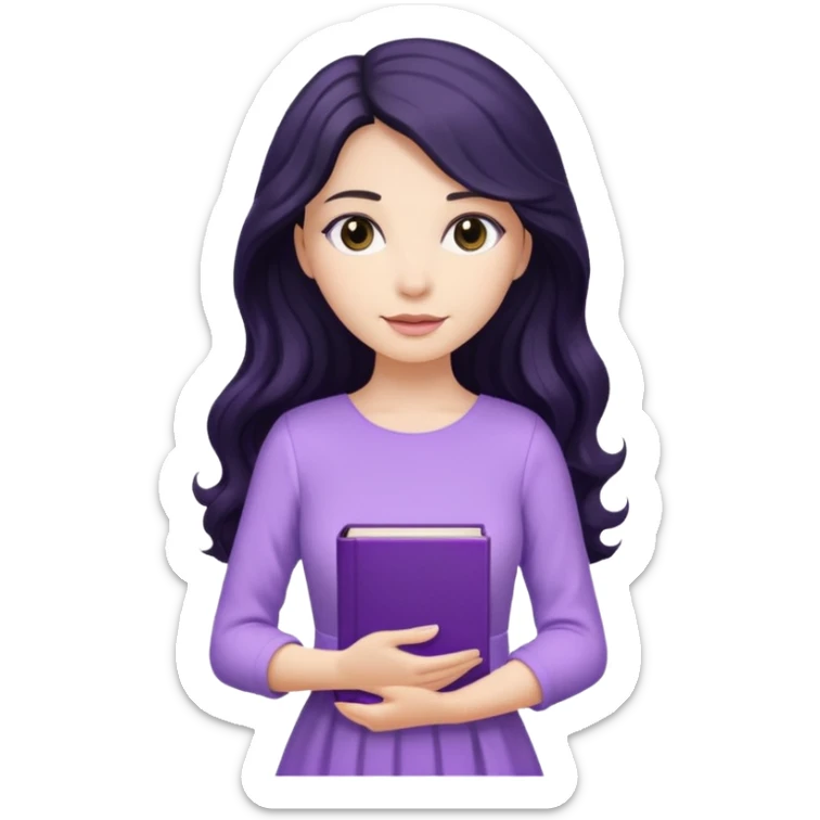 Long Hair Women with purple Book, Black wavy hair, light dress sticker