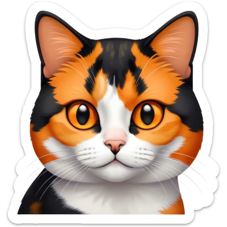 American shorthair calico cat with black fur on the right side of their face and orange on the left side sitting down sticker