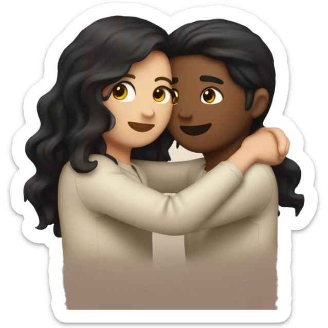 Two white best friends hugging one with wavy black hair and the other with straight brown hair sticker