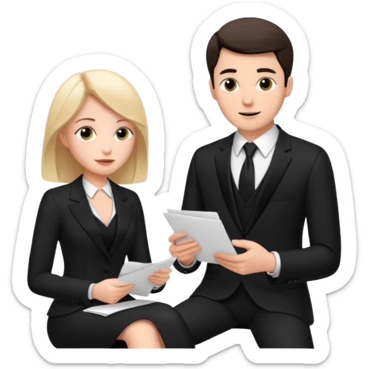 white man in formal suit talking to white woman in formal suit, they sit, papers in hands sticker
