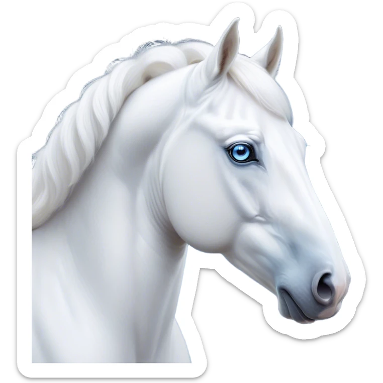 Cinematic Noble White Horse Portrait Emoji, Poised and regal, with a strong, athletic build and a pristine, well-groomed pure white fur, deep-set soulful blue eyes, Simplified yet sharp and sophisticated features, highly detailed, glowing with a soft, dignified glow, high shine, intelligent and majestic, stylized with an air of ethereal grace, focused and attentive, soft glowing outline, capturing the essence of a watchful and confident steed, so majestic it feels as though it could gallop out of the screen with effortless authority! sticker