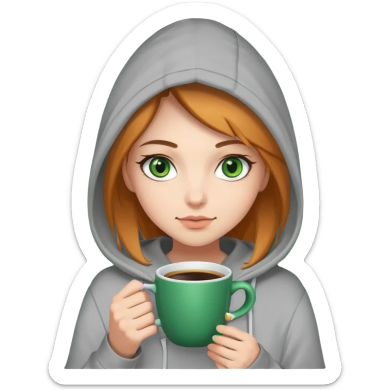 Girl with a hoodie, holding her cup of coffee and booj green eyes sticker