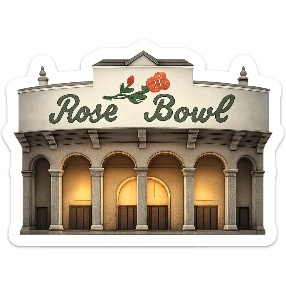 Make the coloring of the Rose Bowl Stadium emoji more realistic, removing the yellow tint, but keep everything else exactly the same as the original image: majestic, ornate architecture, lifelike detail, regal lighting, iconic sign, and accurate colors, with a transparent background. Do not change the composition or style. The style should remain consistent with the original emoji style. sticker