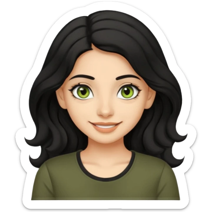 a pretty FAIR indian bratz girl with wavy black hair, wearing a black tshirt. eyeliner on, olive green eyes.  sticker