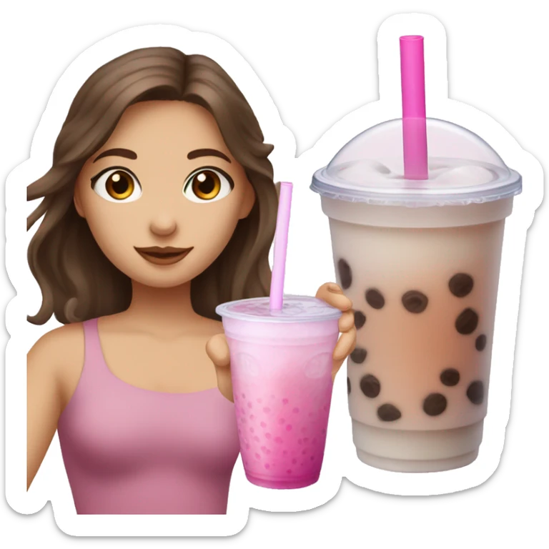 Girl with brown hair and blue eyes drinking pink bubble tea sticker
