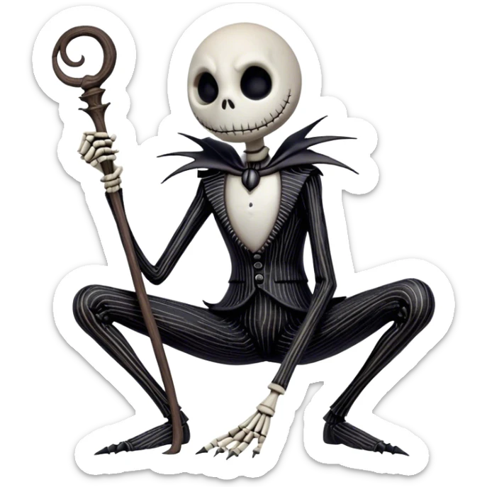 Full body view Cinematic 3D ultra realistic 32K HD image of Jack skellington squatting, stunning detail as though captured in a timeless photograph, rich textures, visually rich, so lifelike that it feels like it could leap off the page at any moment sticker