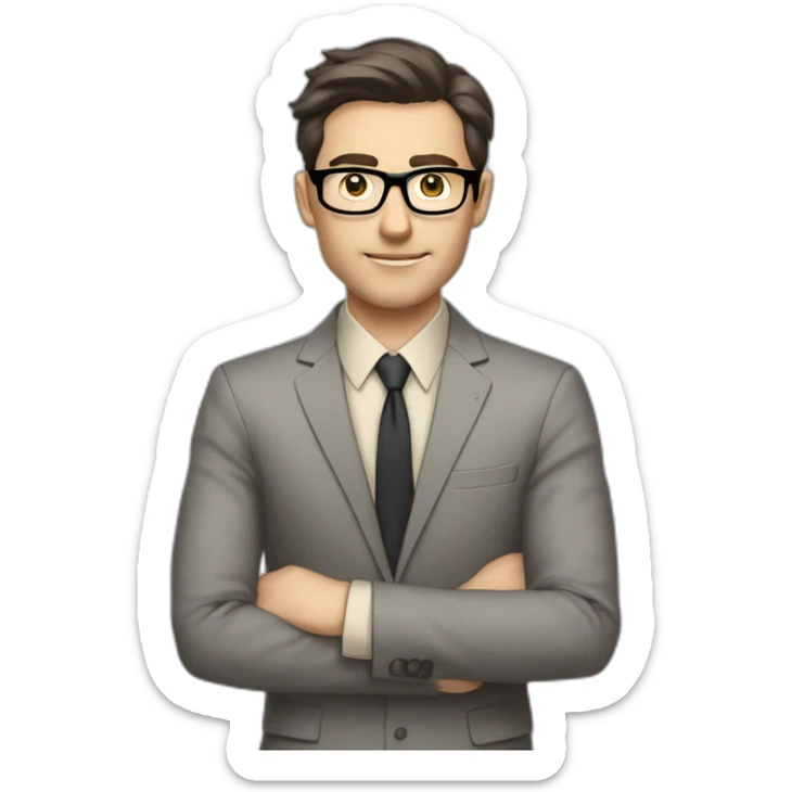 Full height Pale skinned Fit Man With dark brown hair in classic gray suit, beige office shirt, dark gray tie, and vintage glasses. His hands lock sticker