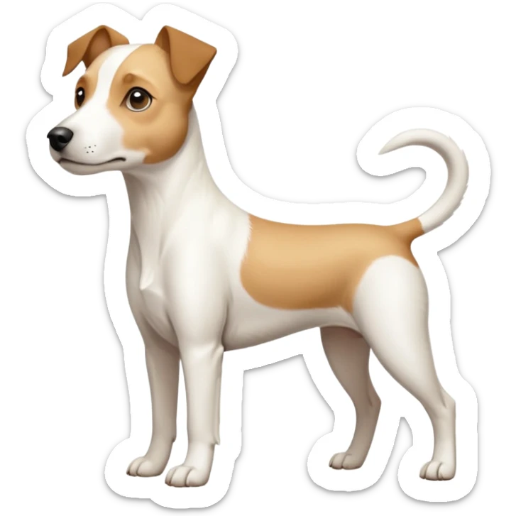 a full body buff white parson russell terrier looking dog the size of a kelpie with light brown long ears and a light brown patch on one eye and a large snout. the rest of the dog is completely white. forward facing sticker