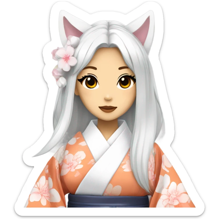 hime gyaru girl, kimono, white hair, kitsune mask sticker