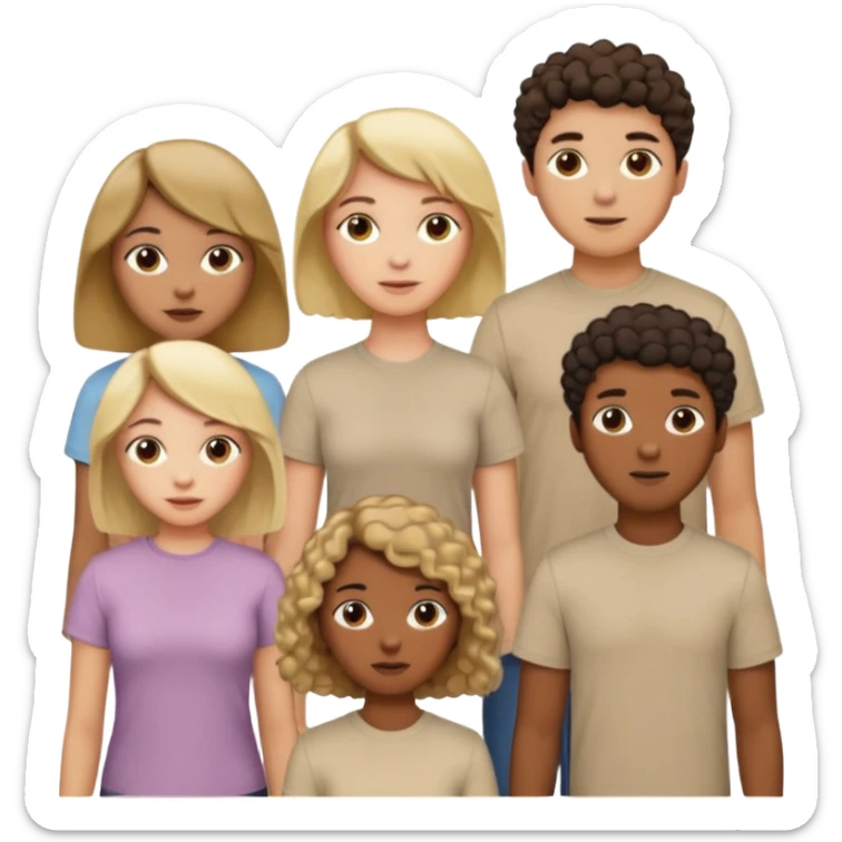 group of people  together ; men and women with one with brown straight hair one with blonde hair and one with black curly hair- short hair, long hair and curly hair wearing beige shirts aesthetic no collar, brown people, white people, black people sticker
