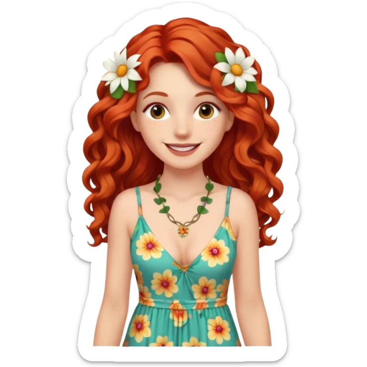 white girl, long curly red hair, wearing a maxi dress, flower necklace, bright cheerful smile sticker