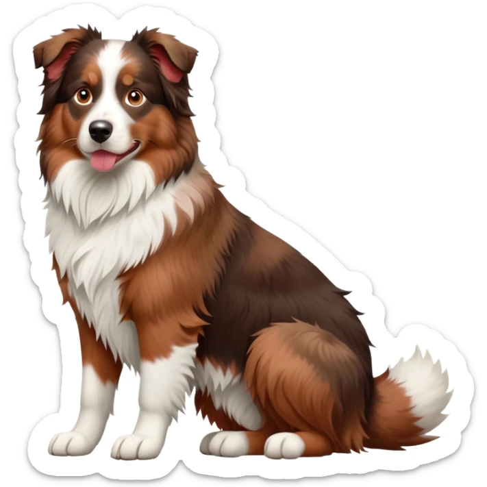 cinematic-[australian shepherd dog]-realistic-full-body-sitting-emoji,-tail-resting-loosely-beside-its-paws,-head-tilted-dramatically,-scruffy-[white faced and red merle]-fur,-simplified-yet-realistic-focused-features,-highly-detailed,-glowing-with-an-almost-sarcastic-glow sticker