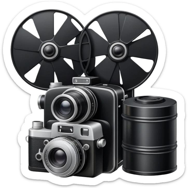 Vintage film camera with a traditional roll of 35mm film next to it sticker