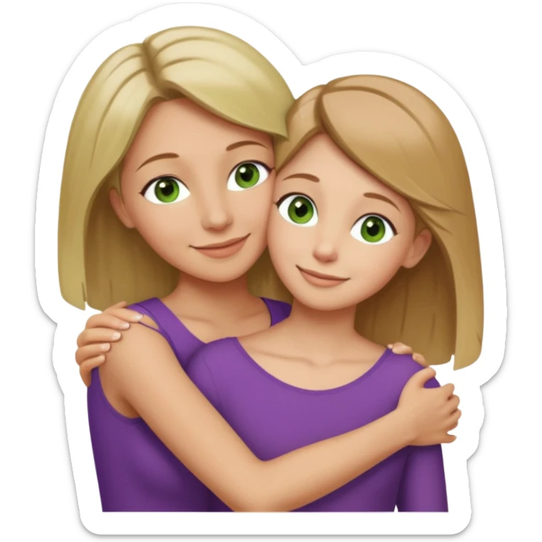 Mom daughter hugging, mom has light brown hair to collarbone and green eyes and is white with tan skin, daughter has dirty blonde hair to upper back with hazel eyes and is white with tan skin sticker