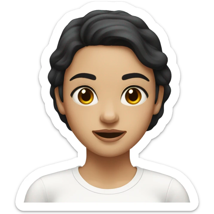 A woman with dark hair loose and hazel browm eyes, waering a white shirt and whit skin sticker