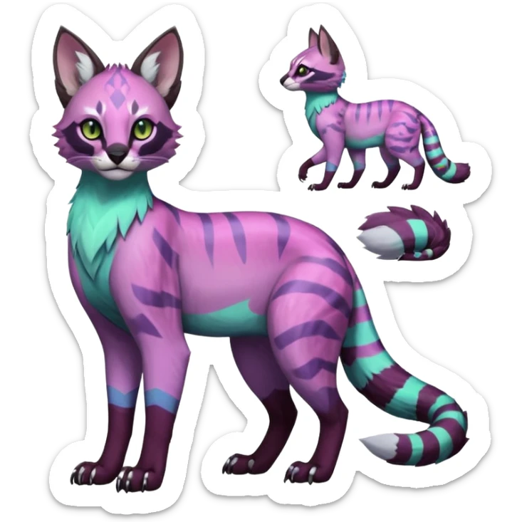 Colorful pale minty lilac onyx fruity glorious exotic neon vibrant zigzagged fantasy-caracal-civet-genet-sergal-vernid-Gryphon-Cacomistle-Trico-oncilla-animal-Fakémon-hybrid-fursona (full body), facial markings, (realism style) sticker