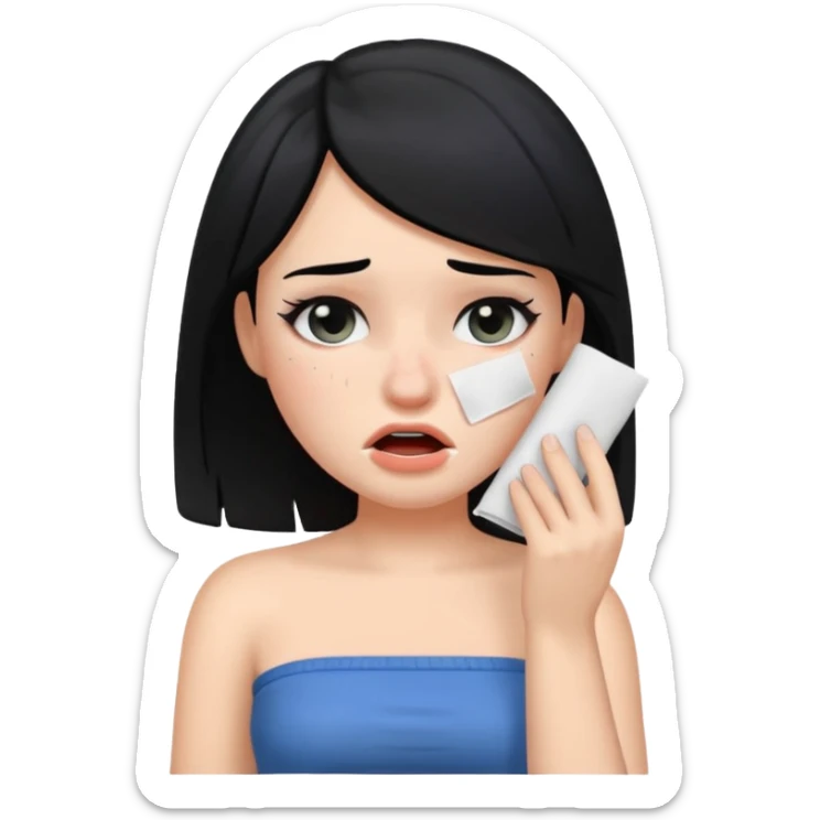 making a white skin black hair girl wearing tube using paper to swipe her tears because of stress ios memoji style sticker