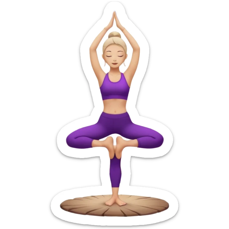 A serene woman wearing purple yoga clothes balancing in tree pose, stars around her, meditative aura. sticker