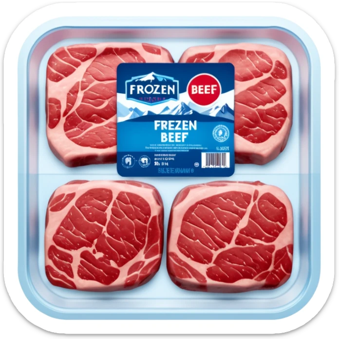 A vacuum-sealed plastic tray of frozen beef steaks, with visible frost and ice crystals on the meat surface. The label shows brand name, weight, and “Premium Beef Steaks.” The packaging has a transparent window revealing the red meat.  photorealistic food packaging. sticker