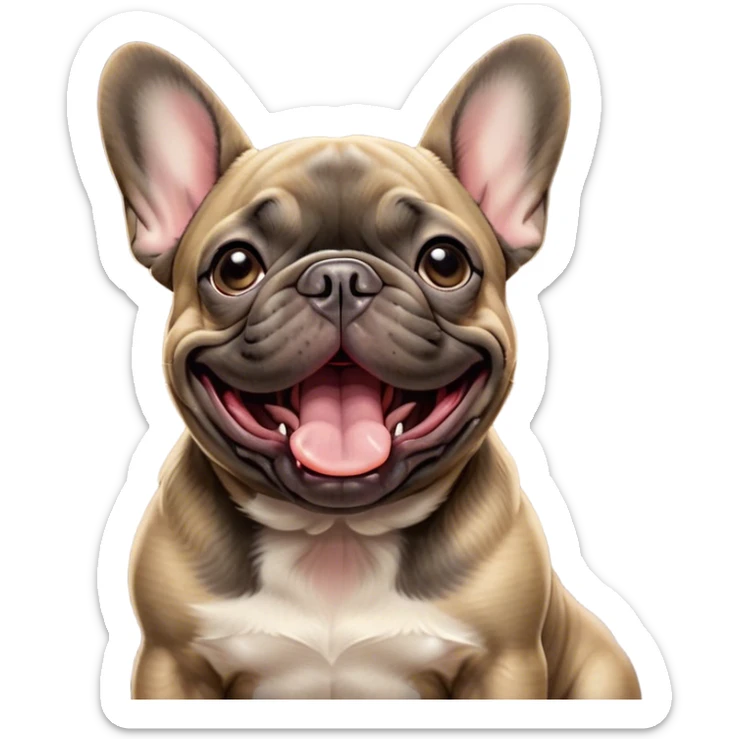 Cinematic Cute Yawning Brindle French Bulldog Portrait Emoji, Head tilted slightly with a dramatic, wide-open yawn, showcasing a sleek brindle coat with subtle fawn highlights, floppy ears slightly drooping, round dark eyes barely open in drowsy contentment, Simplified yet irresistibly adorable features, highly detailed, glowing with a soft, cozy glow, high shine, relaxed yet expressive, stylized with a touch of whimsy, bright and endearing, soft glowing outline, capturing the essence of a sleepy yet affectionate companion, so drowsy it feels like it could stretch out of the screen and curl up for a nap! sticker