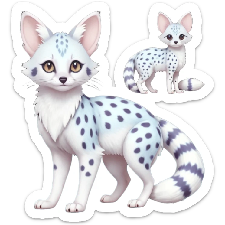 White Albino frosty snow-white whitish pastel-grey-spotted Serval-Civet-Genet-Trico-Furret-Linoone-Noibat-Espeon-Fakémon-Pokémon-animal-hybrid-fusion-creature (full body) with vibrant glowing eyes, cute, elegant, soft, realistic, pastel fur sticker