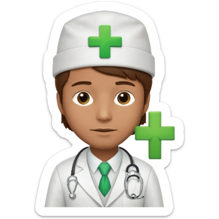 a doctor in white suit with a doctor hat with green cross brown hair man sticker