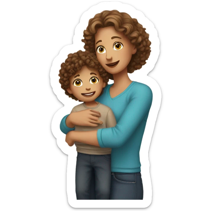 A young mother with brown hair holds her blond son with curly hair in her arms sticker