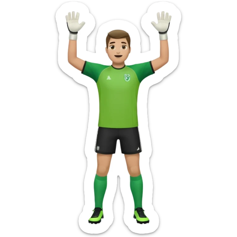 goalkeeper, standing, wearing a green shirt, shorts, socks and football trainers, with arms raised sticker