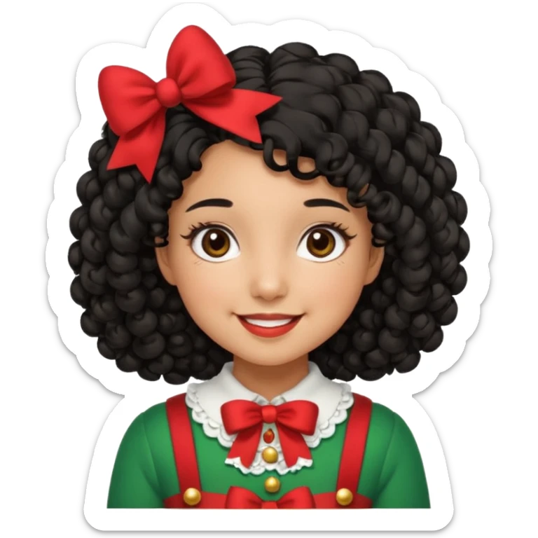 cute girl tan skin, curly black hair chin length, middle part, long eyelashes, cute cheeks, 5'2, outfit croquette style with bows and christmas theme, smiling,  no bangs sticker