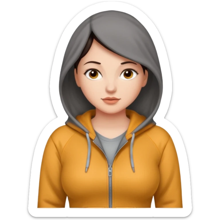 Pretty, sexy, slightly curvy white woman with short dark brown hair, wearing a tight, gray, front zippered hoodie sticker